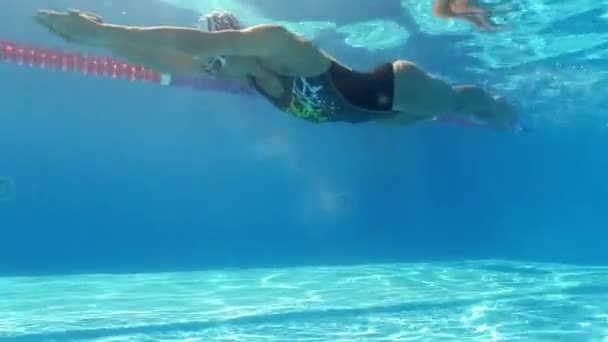 Mulher está nadando debaixo d 'água na piscina durante o treinamento de triatlo — Vídeo de Stock