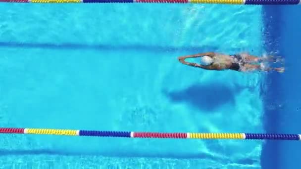 Mujer está nadando en la piscina durante el entrenamiento de triatlón — Vídeos de Stock