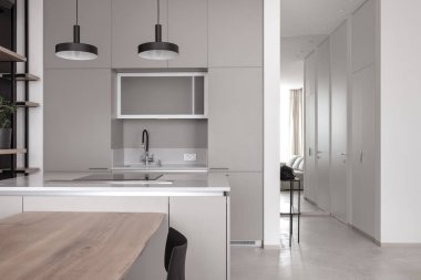 Şık modern iç ışık duvarları ve mutfak bölge ile