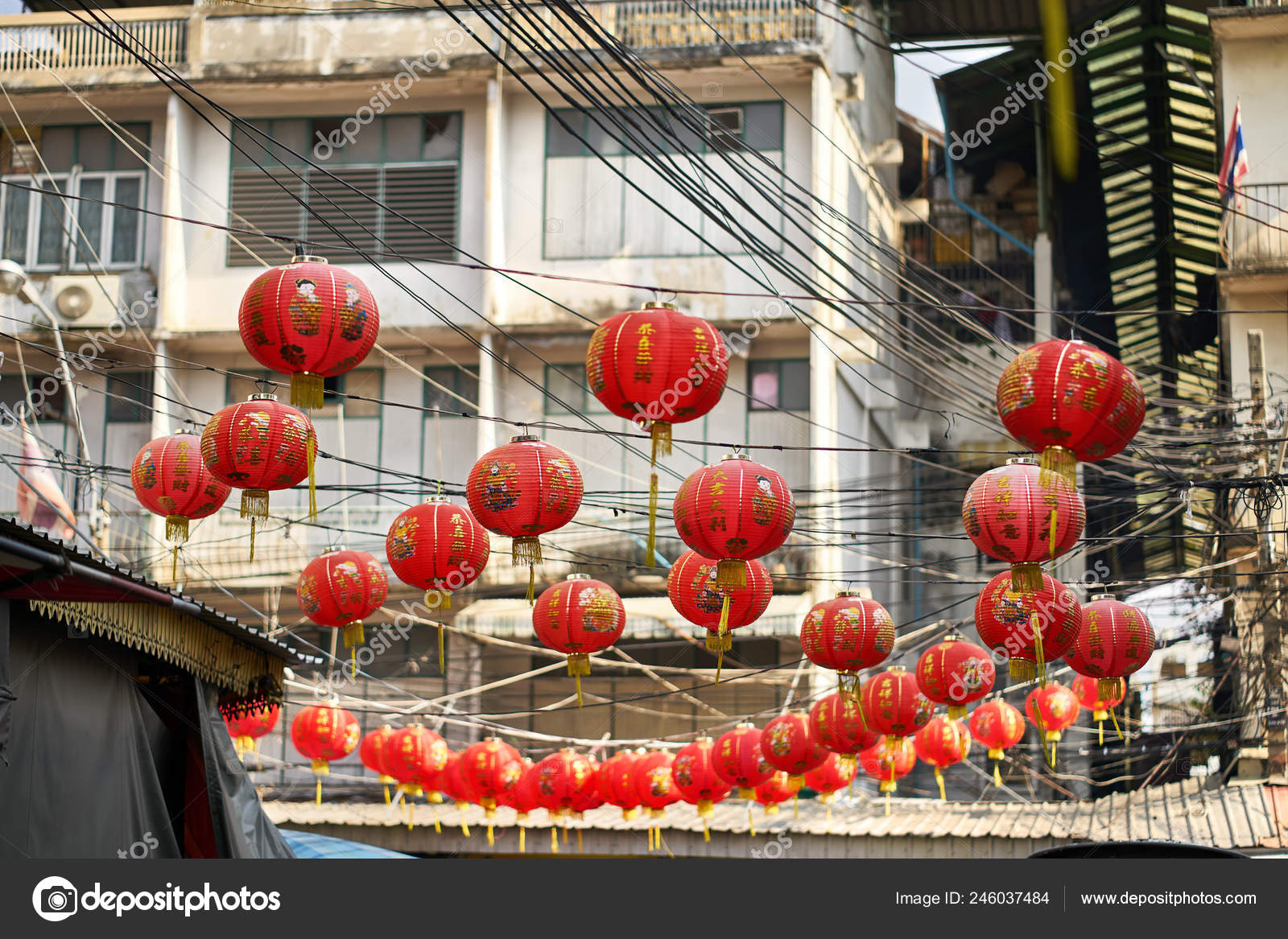 Asian City Street Decorated With Traditional Red Chinese Lanterns