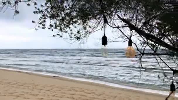 Edison lampor och rotting fåtölj hängande på gröna träd på sandstrand — Stockvideo