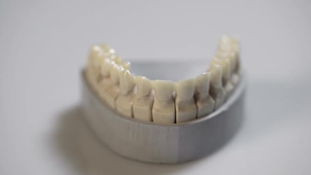 Vista de perto no modelo da mandíbula dentária em laboratório — Vídeo de Stock