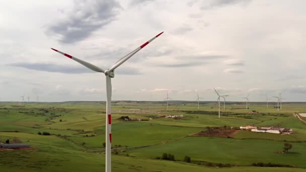 Groot veld met veel windgeneratoren en gebouwen — Stockvideo