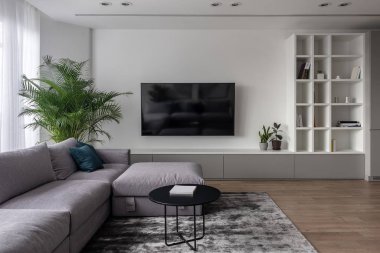 Beyaz duvarlar ve halı parke ile şık modern iç
