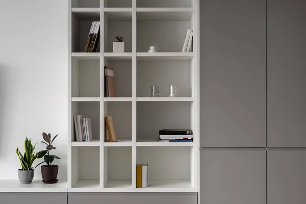 Elegante interior moderno con paredes blancas con estantes —  Fotos de Stock