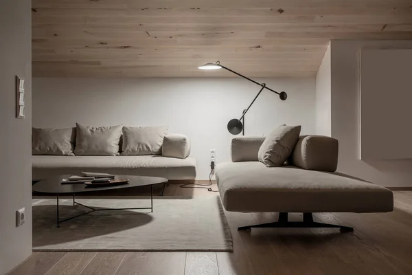 Intérieur lumineux avec plafond en bois incliné — Photo