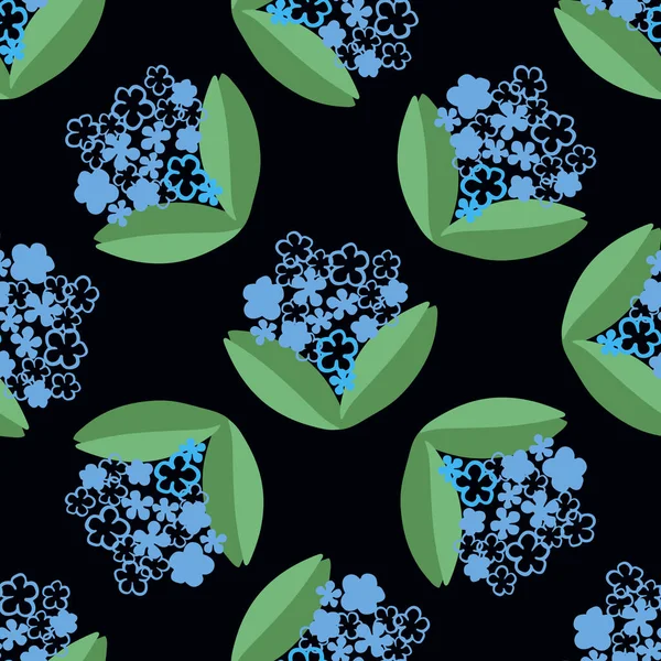 Vector seamless pattern with flowers blue color on black — Stock Vector