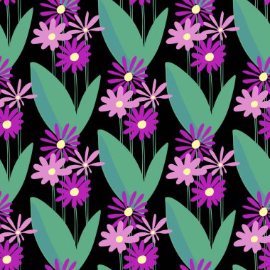 Siyah üzerine mor renk çiçekli, pürüzsüz desen