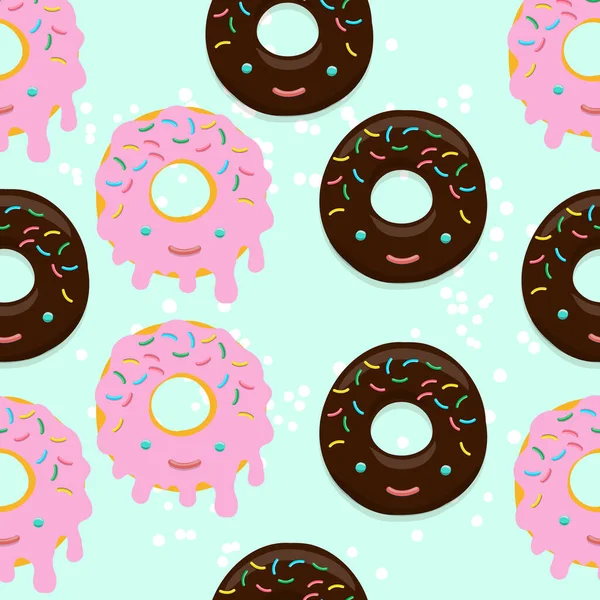 Ilustração padrão sem costura vetorial de donuts em chocolate e esmalte rosa em estilo kawaii em um verde claro — Vetor de Stock