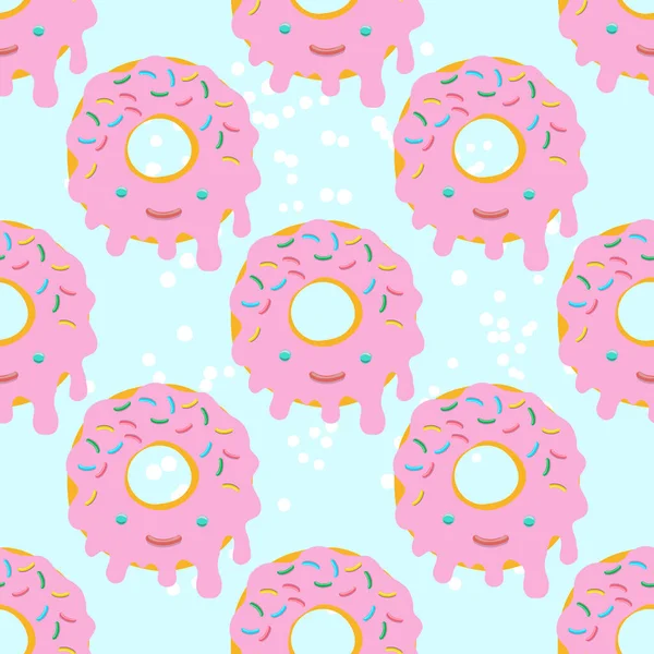 Vektornahtlose Musterillustration von Donuts in rosa Glasur im Kawaii-Stil auf blauem Grund — Stockvektor