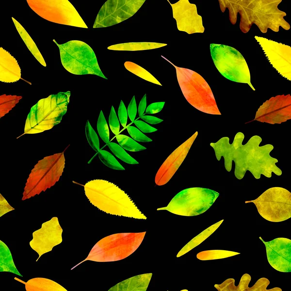 Zökkenőmentes minta akvarell színes őszi levelek egy fekete — Stock Fotó