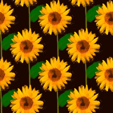 Kusursuz desenli suluboya çizimi. Siyah üzerinde ayçiçekleri.