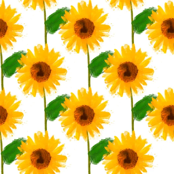 Seamless pattern watercolor illustration sunflowers on white — Stock Photo, Image