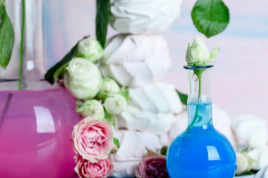 Gül ve yaprakları masanın üzerine tomurcukları ile lezzetli ve havadar Marshmallow