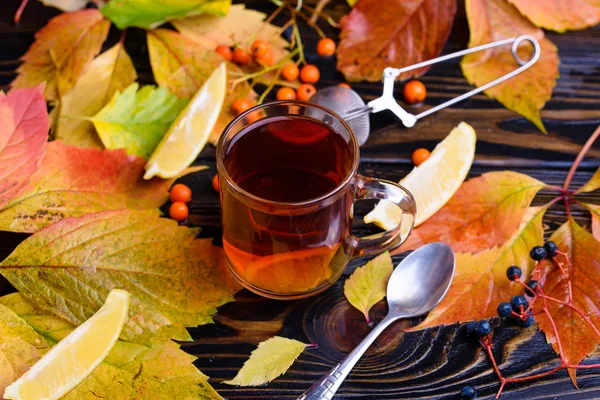 Sonbahar ve lezzetli çay yaprakları ve masanın üzerine yağmur damlaları ile