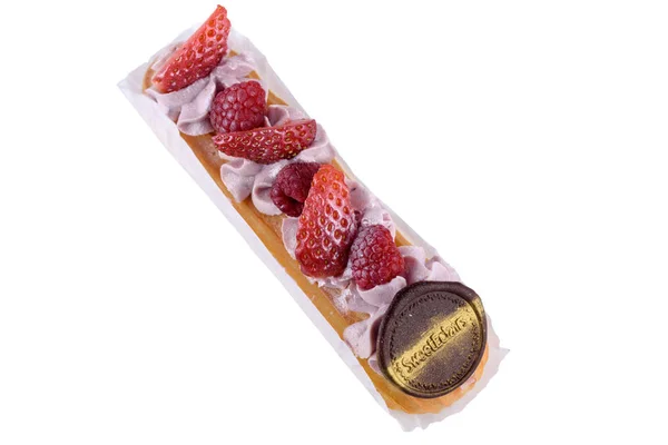 Delicioso Apetitoso Postre Sobre Fondo Blanco Una Fresca Sabrosa Eclair — Foto de Stock