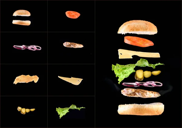 Chutný Hamburger Kuřecím Masem Šťavnatá Zelenina Černém Pozadí Burger Levitace — Stock fotografie