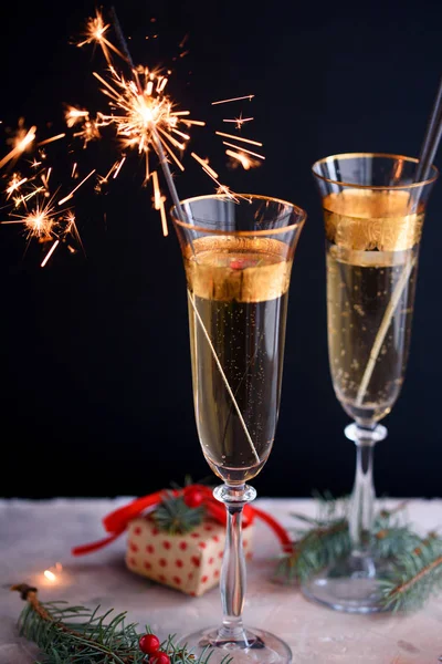 Two Beautiful Glass Champagne Glasses New Year Eve — Stock Photo, Image