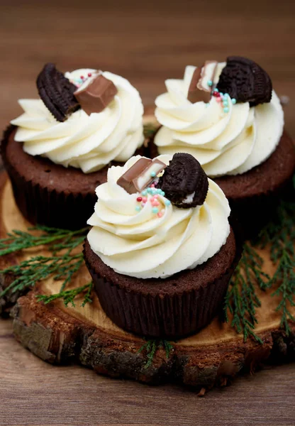 Chocolate Tasty Sweet Cupcake Vanilla Cream Condensed Milk — Stock Photo, Image