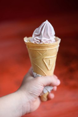 Lezzetli ve güzel beze dondurmalı pasta. Mercan arka plan, 2019 yılında moda renk.