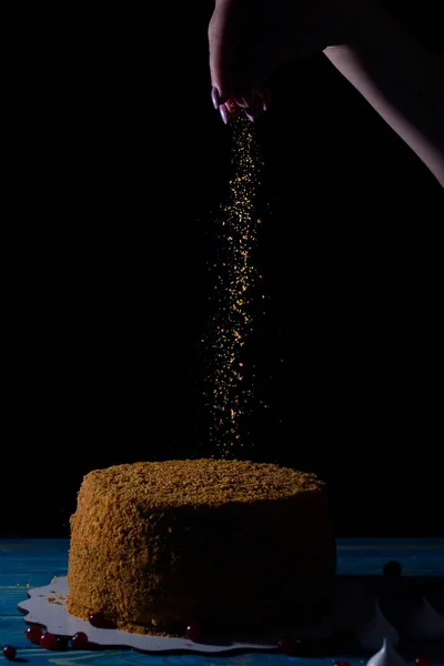 Вкусный Красивый Медовый Торт Сметаной Ягодами Темный Ключ Честный Торт — стоковое фото