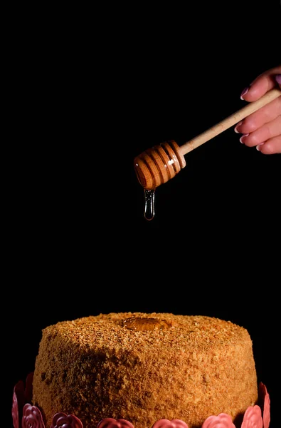 Heerlijk Zeer Mooie Honing Cake Met Zure Room Bessen Donkere — Stockfoto