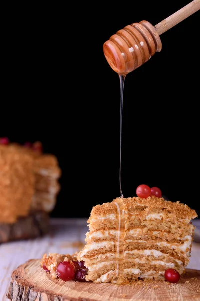 Delicious and very beautiful honey cake with sour cream and berries. Dark key and honey cake.