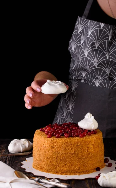 Delicioso Muy Hermoso Pastel Miel Con Crema Agria Bayas Llave — Foto de Stock