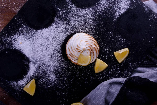 Lemon Muffins Protein Cream Slate Board Powdered Sugar Honey — Stock Photo, Image