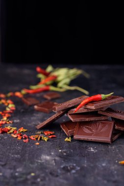 Doğal siyah çikolata siyah bir zemin üzerine kırmızı acı biber ile.