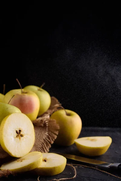 Ripe Appetizing Apples Burlap Cinnamon Apples Burlap Table Knife Fruits — Stock Photo, Image