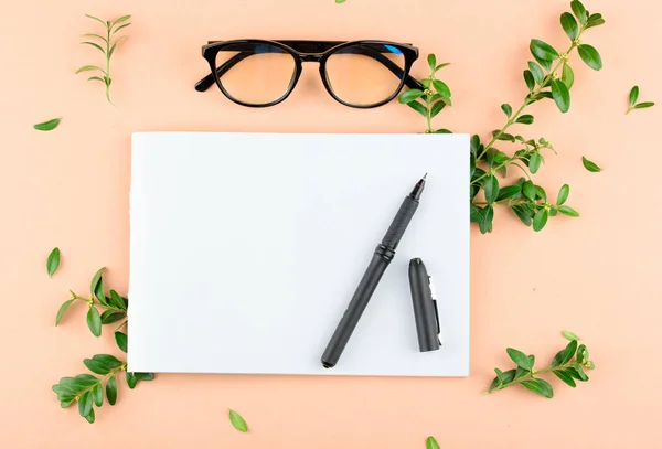 Krásný notebook s bílými listy, s černými brýlemi, zelenými listy, na barevném pozadí. — Stock fotografie