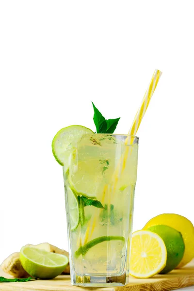 Охлаждение лимонада с лимоном и лаймом, ломтиками имбиря и мятных листьев . — стоковое фото