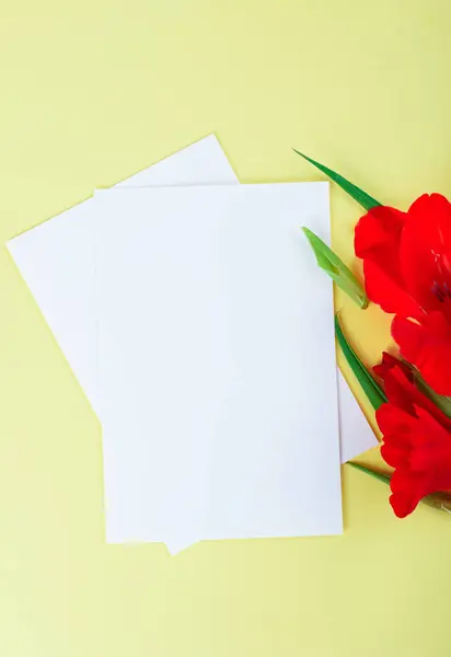 Tarjeta blanca sobre fondo amarillo con flores de gladiolo —  Fotos de Stock