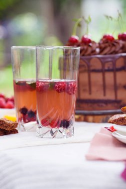 Lezzetli bir çikolatalı kek, komposto, çilek, yaban çiçekleri ile doğada Yaz piknik,