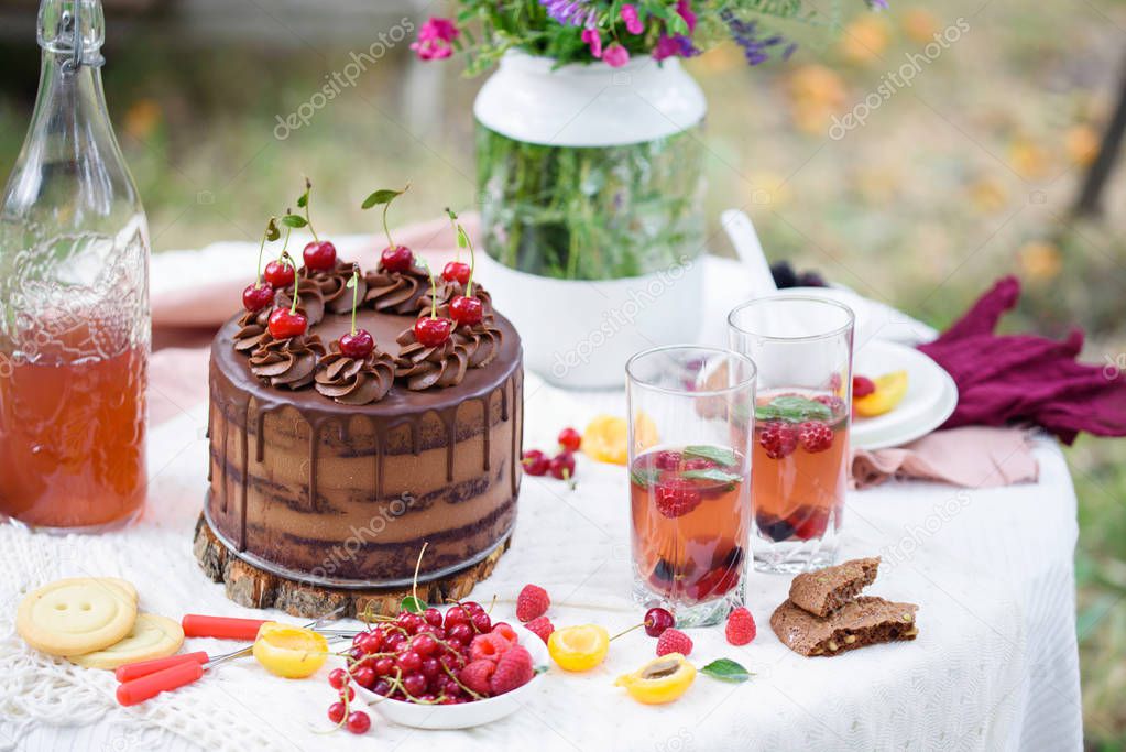 Summer picnic on nature, with a delicious chocolate cake, compote, berries, wild flowers