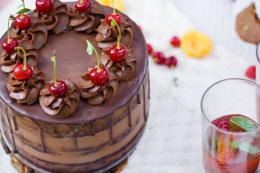 Summer picnic on nature, with a delicious chocolate cake, compote, berries, wild flowers
