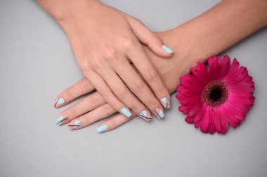 Pastel arka planda, kadın ellerde güzel narin manikür.