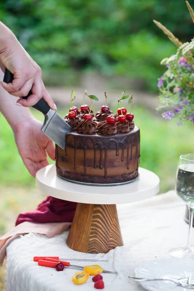 Delicioso pastel de chocolate, terciopelo rojo en un vaso, flores silvestres, bayas . — Foto de Stock