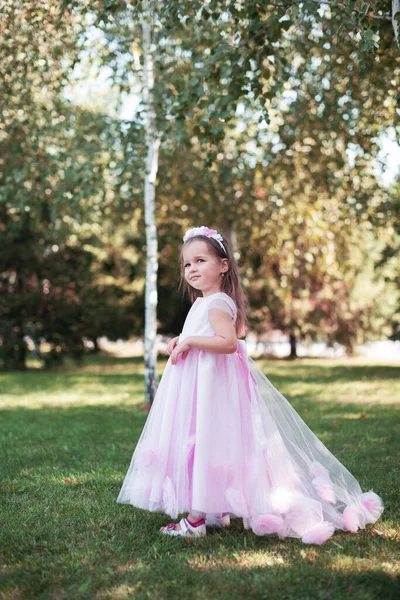 Niña en un hermoso vestido de color rosa en el parque con un pony marrón . — Foto de Stock