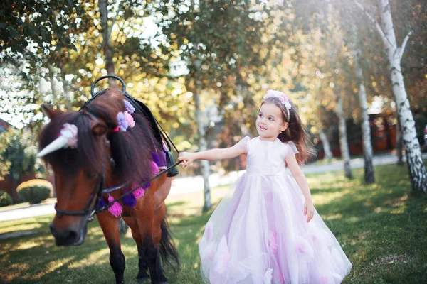 Niña en un hermoso vestido de color rosa en el parque con un pony marrón . — Foto de Stock