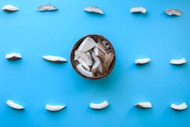 Taze hindistan cevizi mavi arka planda, küçük akosoz parçalarıyla birlikte duruyor. Hindistan cevizi talaşı. Yukarıdan görüntüle.