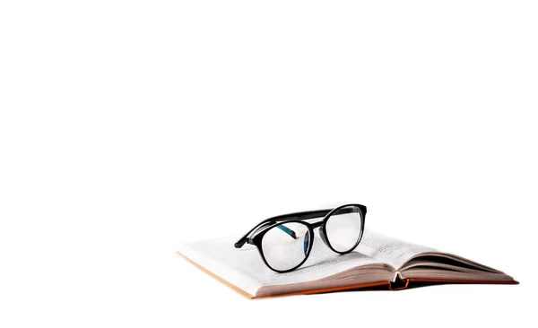 Open Hardcover Hardcover Book Reading Glasses Rests White Background Place — Stock Photo, Image