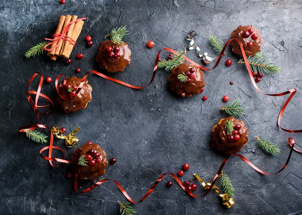 Christmas Chocolate Cupcakes Icing Decorated Sprig Spruce Cranberries Dark Table — Stock Photo, Image