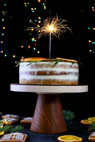 Beautiful Biscuit Torts Cream Dried Oranges Rosemary Sprigs Gingerbread Sparklers — Stock Photo, Image