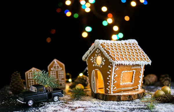 Beautiful Gingerbread House Windows Doors Twigs Spruce Typewriter Snow Lights — Stock Photo, Image