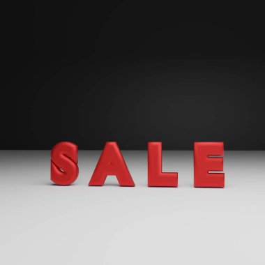 3D resimler oluştur, kelimeler siyah beyaz arkaplanda kırmızı indirimli olsun. Promosyon filmi, indirim günü. Alışveriş içeriği