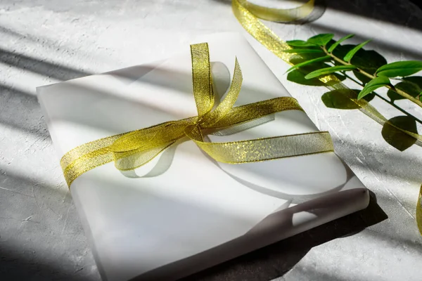 Emballage Cadeau Dans Beau Papier Blanc Ruban Des Branches Plantes — Photo