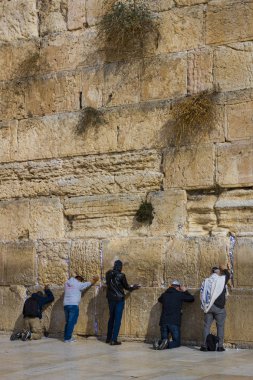 Jerusalem, İsrail - 22 Kasım 2017: hacılar dua, Yahudi halkının kutsal yer ve dünyadaki Hıristiyanların ibadet Merkezi ağlama duvarı.  