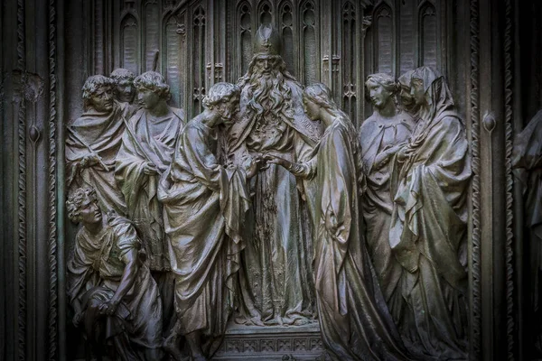 Porte Entrée Centrale Cathédrale Milan Avec Des Éléments Vie Jésus — Photo